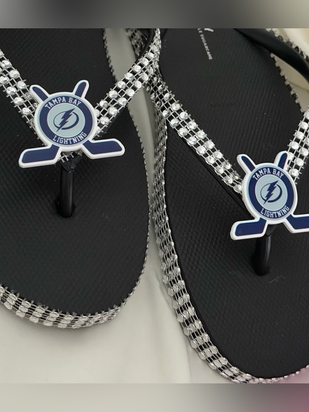 Women's Black Logo Rhinestone Flip Flops